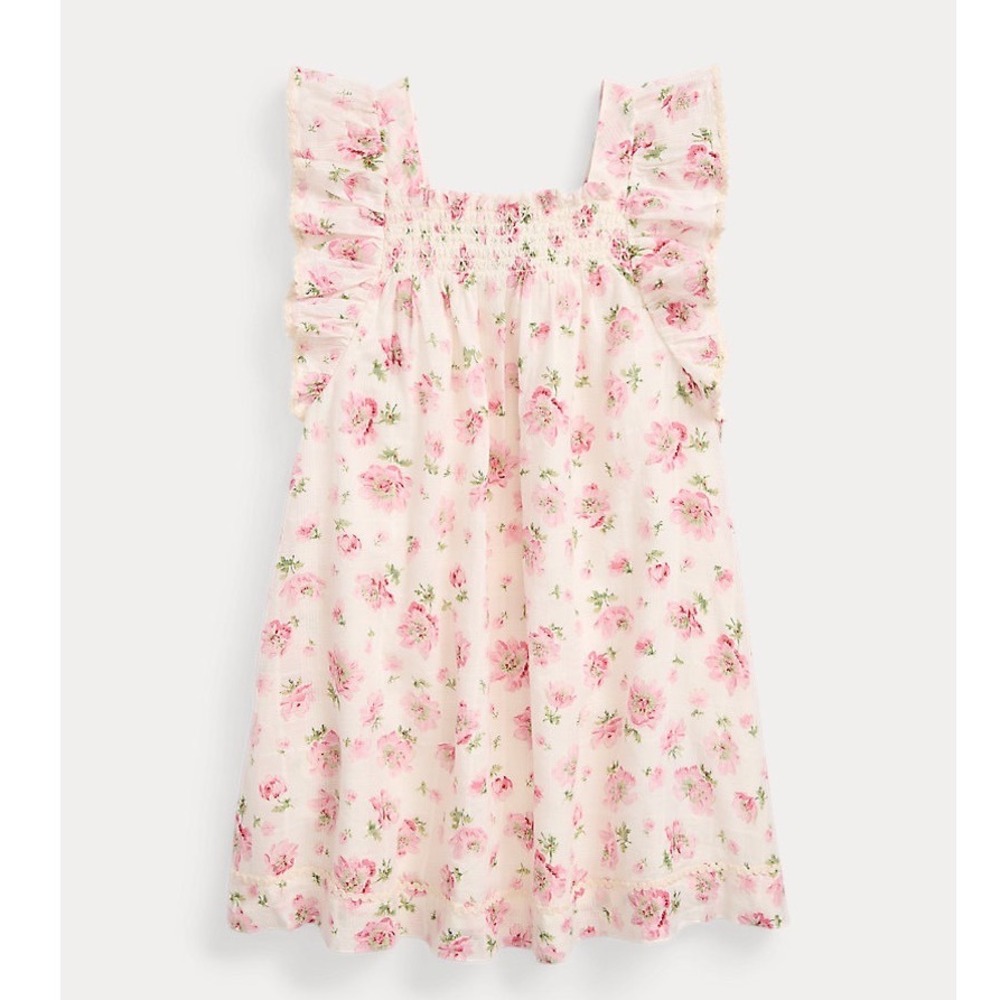 Polo Country Ralph Lauren Dress Girls 5 White Pink Floral Smocked Ruffle Cotton
